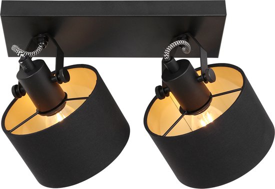 Spot à 2 lumières Ornoir 3334ZW noir avec abat-jours dorés, orientable et inclinable, métal et textile, style moderne, Mexlite, intérieur