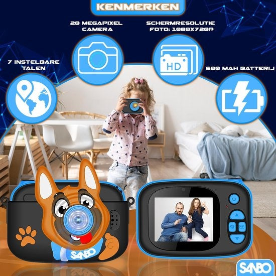 Caméra pour enfants Sanbo T31 Pro - Bleu / Noir - Inclut une carte SD de 32 Go et un lecteur - Caméra photo pour enfants - Vlogging - Caméra de jeu