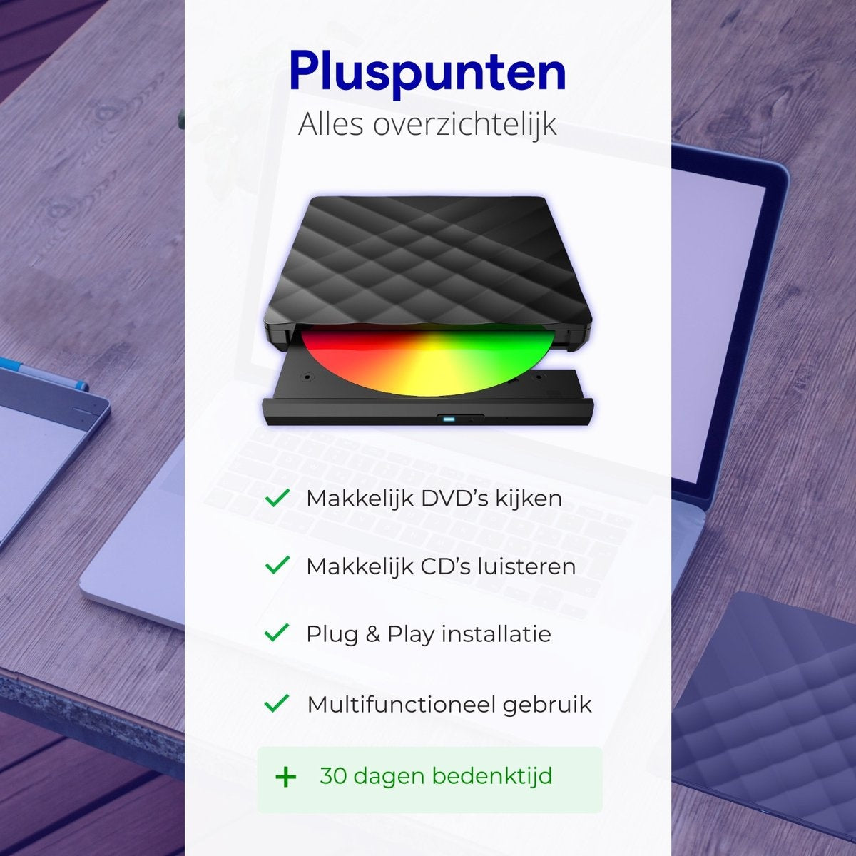 WADU lecteur DVD externe pour ordinateur portable - Lecteur optique et graveur - Lecteur DVD/CD - Convient aux ordinateurs portables et Macbook - Mini USB et USB C