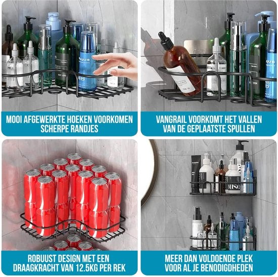 Avalo Support de douche d'angle - 2 pièces - Pas de perçage ni de vissage - Fixation par bande adhésive