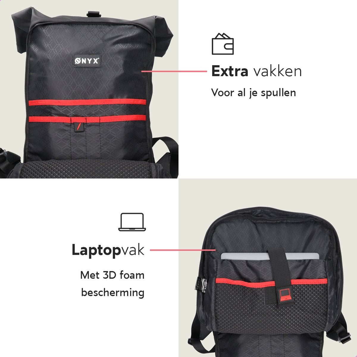 ONYX Rolltop Backpack 25 à 40 L - Avec compartiment pour ordinateur portable - Sac à dos ajustable - Sac de voyage - Imperméable et durable - Noir
