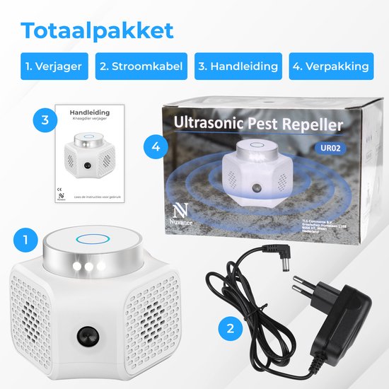 Nuvance - Répulsif à souris - Répulsif à ultrasons - Répulsif à rats - 360 degrés et 4 modes - Répulsif à ultrasons - Contrôle des souris - Blanc