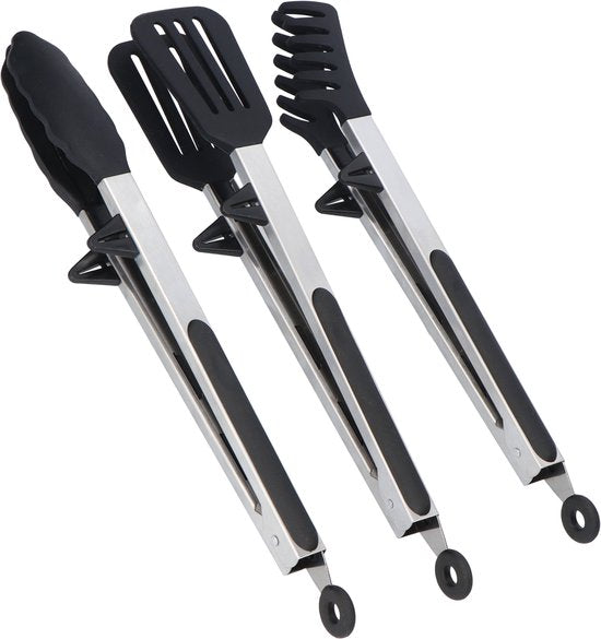 KitchenLove Pince à viande - Pince de cuisine - Lot de 3 - Pince à spaghetti - Pince à barbecue - Silicone - Noir