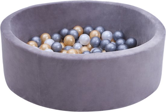 Piscine à balles Sunny Boaz avec 160 balles, couleur « Velvet Gris » – Balles blanches/grises/dorées de Ø 7 cm – Piscine à balles ronde de Ø 90 x 30 cm