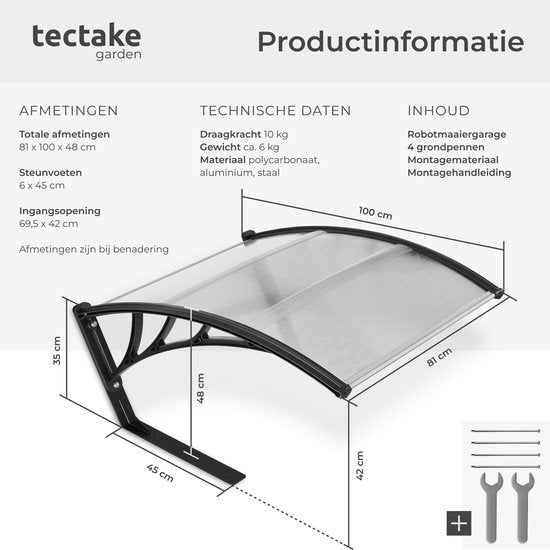 tectake® Abri pour tondeuse robot - Carport pour tondeuse à gazon - Abri pour station de recharge de tondeuse robot - Résistant aux intempéries - 81 x 100 x 48 cm - 4 piquets de fixation inclus - Transparent