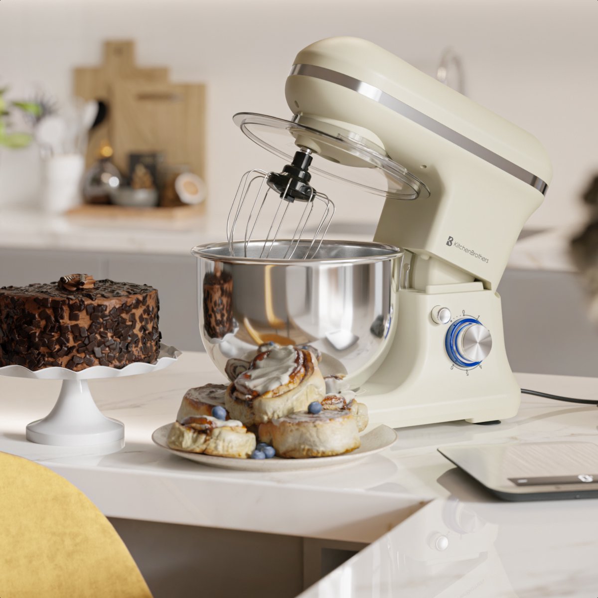 KitchenBrothers Robot de cuisine - 1200W - 5L Bol de mixage - 6 Vitesses + Pulse - Robot de cuisine avec crochet pétrisseur, fouet et crochet mélangeur - Champagne