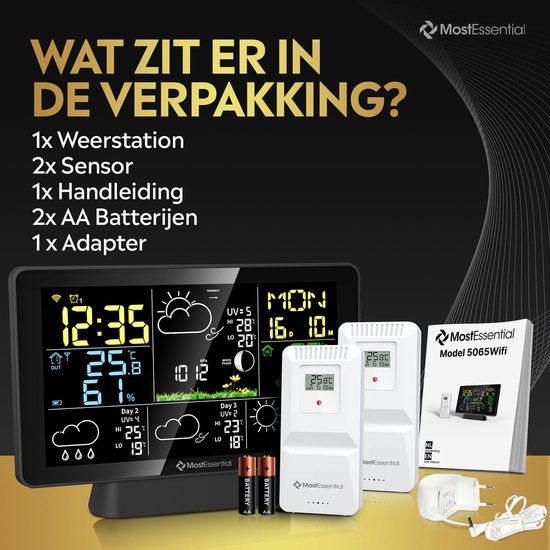 MostEssential Station Météo Wifi Edition - Station météo sans fil avec capteur extérieur - Hygromètre - Intérieur et extérieur - Portée de 150 mètres - Application incluse - Noir - 2 capteurs