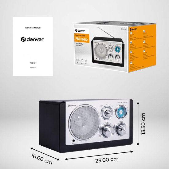 Denver Radio FM portable - Rétro - Fonctionne sur piles ou secteur - Radio de cuisine - AM - FM - TR61 - Noir