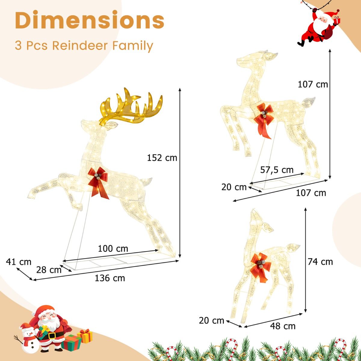 Coast 3-piece LED reindeer family XXL - 330 warm white LEDs - Buck 136x41x152 cm / Doe 86x20x107 cm / Calf 48x20x74 cm