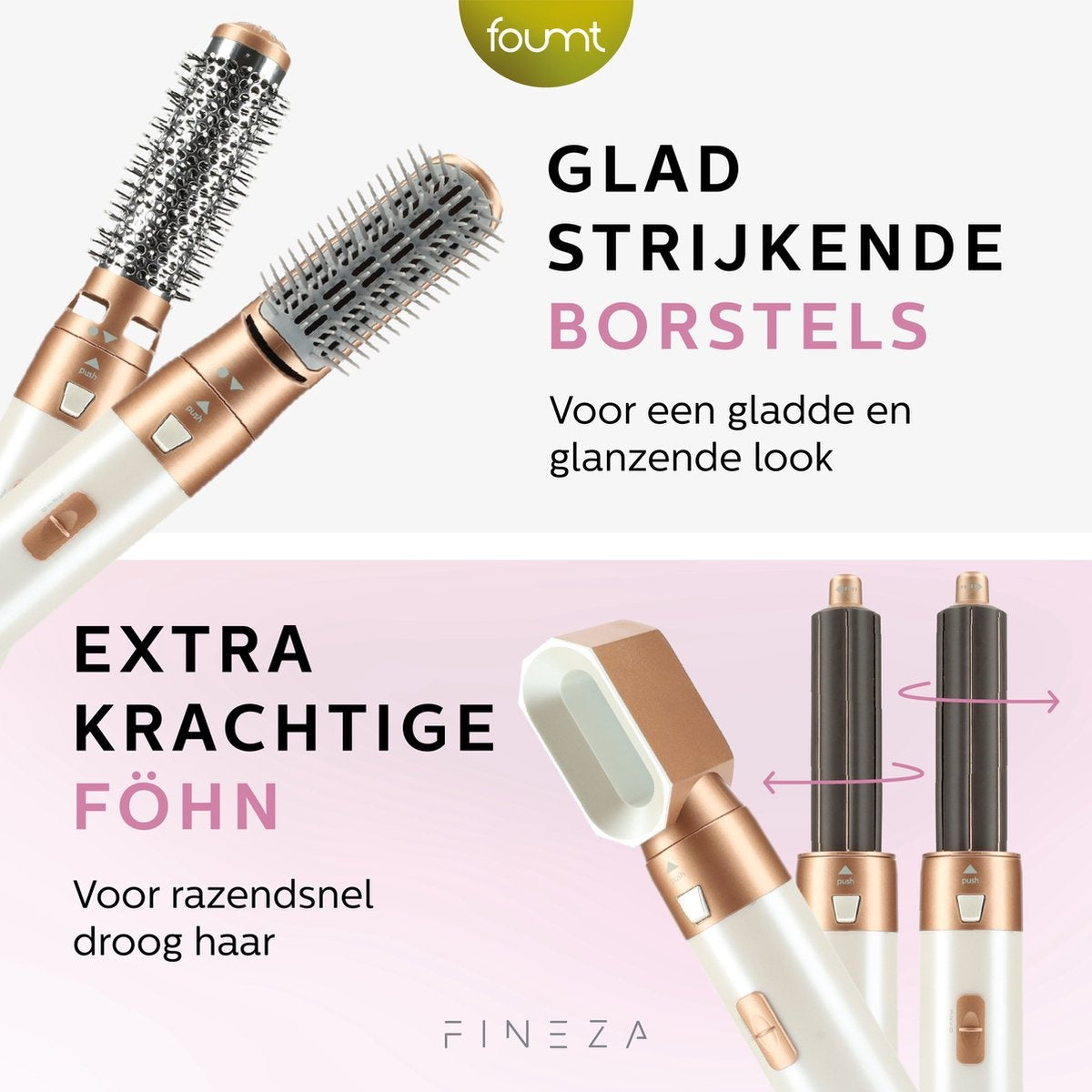 Brosse coiffante 5 en 1, Fineza, 4 Embouts, Blanc/Or Rose