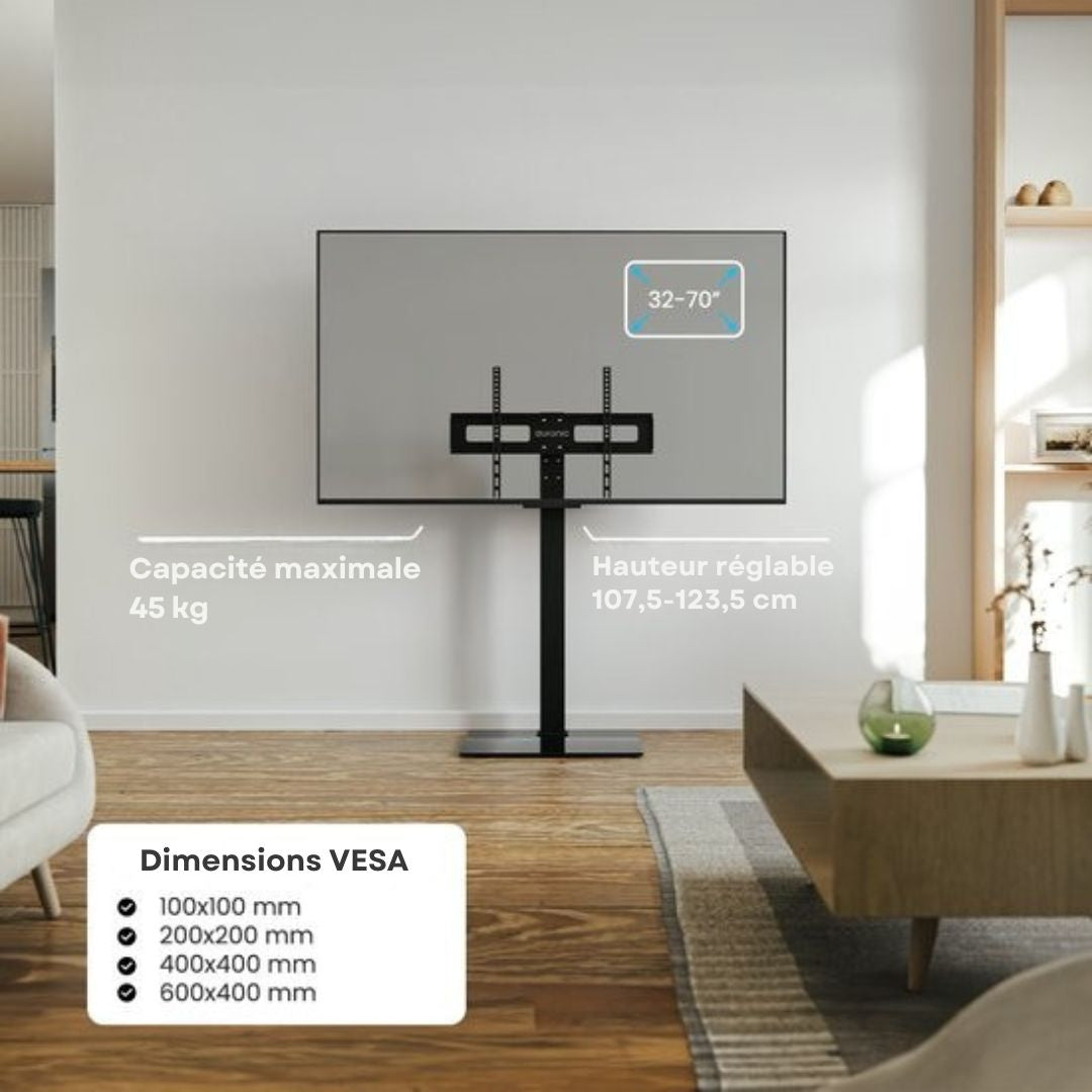 Meuble TV Auronic- hauteur réglable - Pivotant - Inclinable - 32 à 70 pouces - Noir