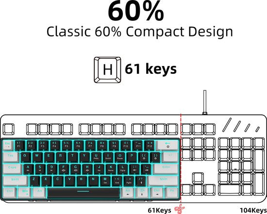 HXSJ V900 - Clavier de jeu filaire - mécanique - RVB - commutateur bleu - 61 touches - claviers QWERTY - noir blanc