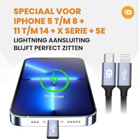 Drivv. Câble de charge USB C pour iPhone et Apple - Câble USB C à 8 broches - Chargement rapide - Câble de charge - Nylon - Gris - 3 mètres