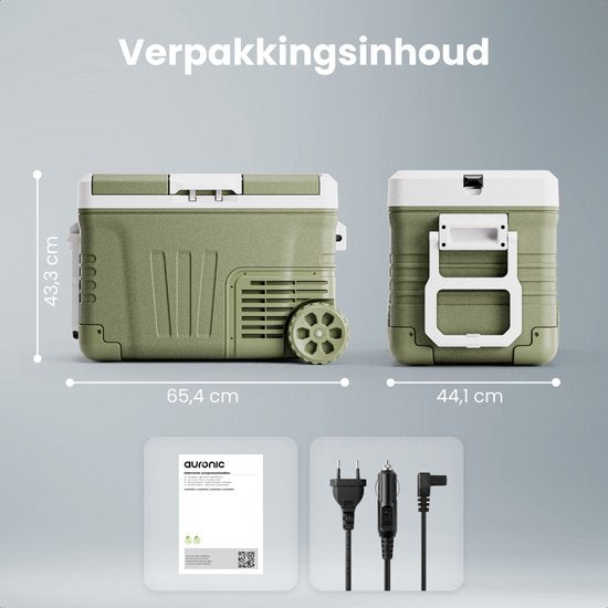 Auronic Electric Cool Box - Compresseur - 2 Zones - 33L - 12/24V et 240V - Réfrigération et congélation - Réfrigérateur de camping - Frigobox Auto - Avec roues et poignée - Vert