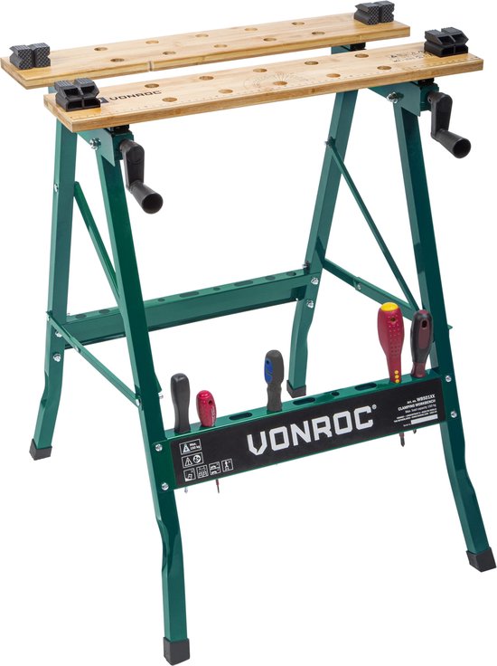 Etabli VONROC - Equipé d'un plan de travail en bambou - Pliable et chargeable jusqu'à 150kg