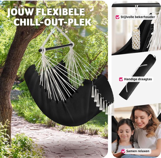 tectake® - Fauteuil suspendu Malika - coussins d'assise et de dossier extra épais, avec sac de transport et compartiment à livres - noir