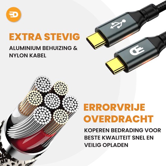 Drivv. Câble USB C vers USB C 3.2 - Chargeur rapide 100w - 4K 60Hz - 20GBs - 2 mètres - Convient à Samsung, Macbook, iPhone 15 et autres - Nylon - Gris