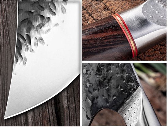 Couteau de chef T&M en acier inoxydable professionnel - Couteau à viande tranchant comme un rasoir - Fait à la main - Avec étui en cuir et boîte cadeau