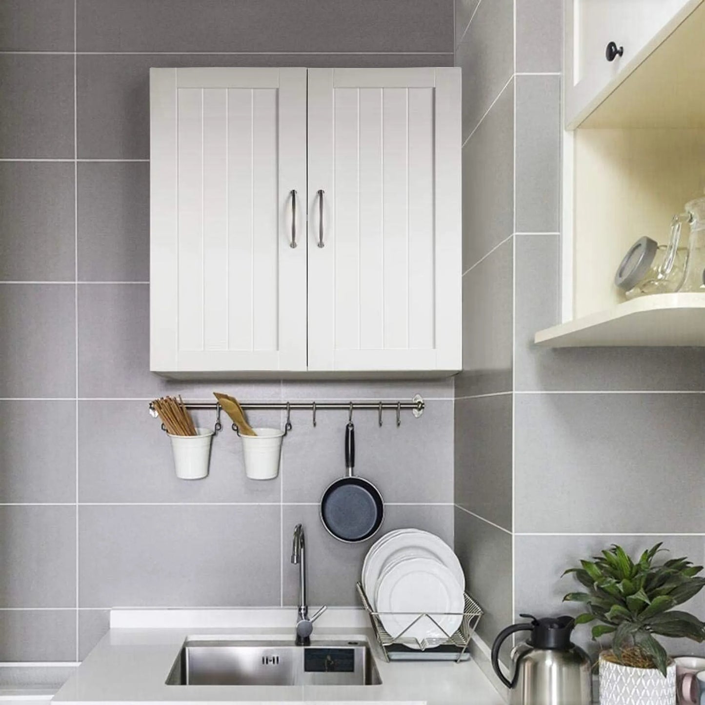 Yaheetech Meuble mural avec 2 portes - avec étagères réglables en hauteur, ferrures métalliques et surface lisse - pour salle de bains, cuisine et chambre - MDF blanc E1 - 59,5 x 31 x 59,5 cm
