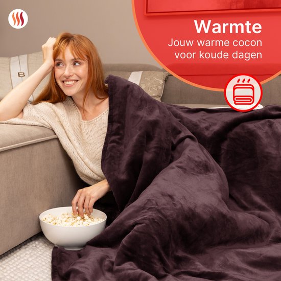 Seranova Couverture électrique XXL - 180x160 cm - Couverture 2 personnes - Couverture chauffante - Double face - Polaire Sherpa - Châtaigne