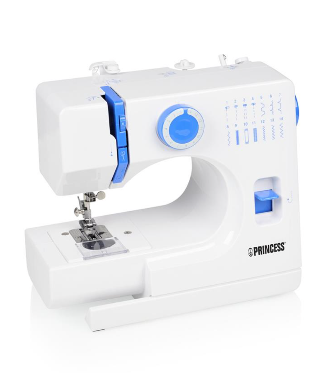 Machine à coudre Princess 326010 - 14 points - Bras libre - Enfilage automatique - Blanche