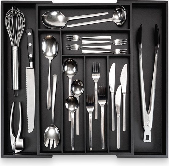 Budu Range-couverts extensible en bambou #47 (47 cm de profondeur) - Noir - Cassette à couverts en bois - Tiroir à couverts - 47 x 30.6 - 50 cm - 6/8 compartiments