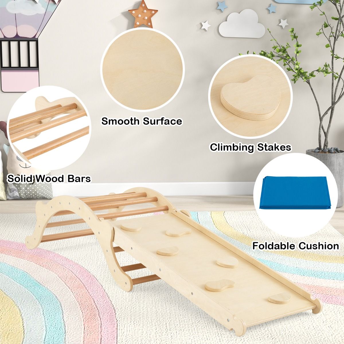 Coast 3-in-1 échelle à grimper en bois avec arc, toboggan et tapis - 116 x 50 x 39 cm - Naturel