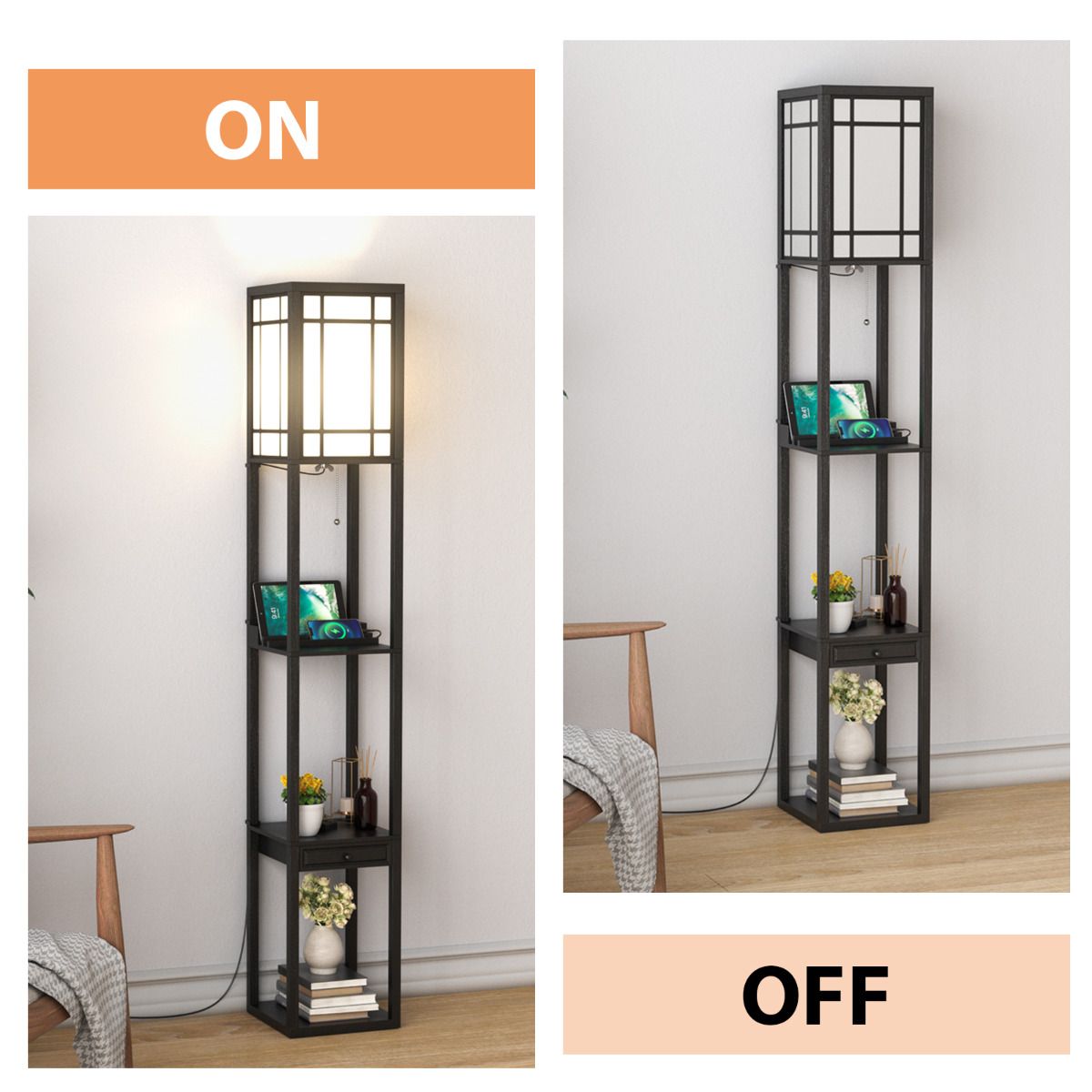 Lampadaire côtier avec 3 compartiments ouverts - 2 ports USB - 26 x 26 x 161 cm - Noir