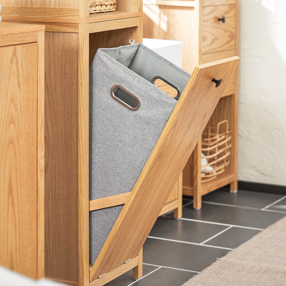 SoBuy BZR95-N Meuble de salle de bain - Meuble haut en bois composite avec étagères et panier à linge