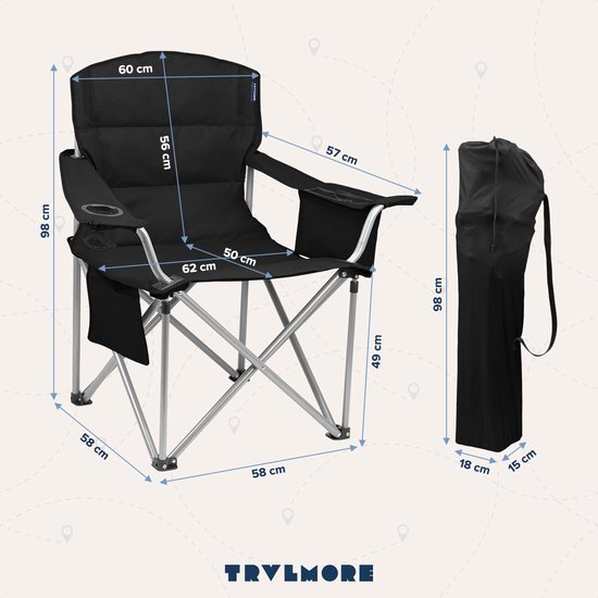 TRVLMORE Chaise de camping - Pliable - Chaise pliante confortable - Capacité de charge de 150 kg - Porte-boisson - Compartiment pour glacière - Poche latérale - Noir