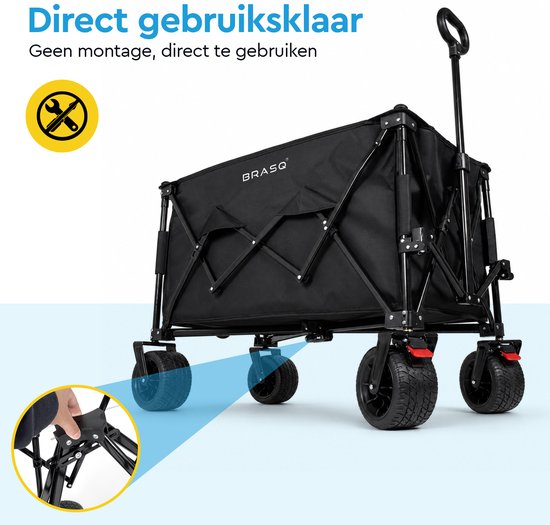 Chariot pliable BRASQ - 165 litres - Capacité de charge de 100 kg - Roues pivotantes avec frein - 90 x 52 x 110 cm - Poignée réglable - Chariot pliable - Noir
