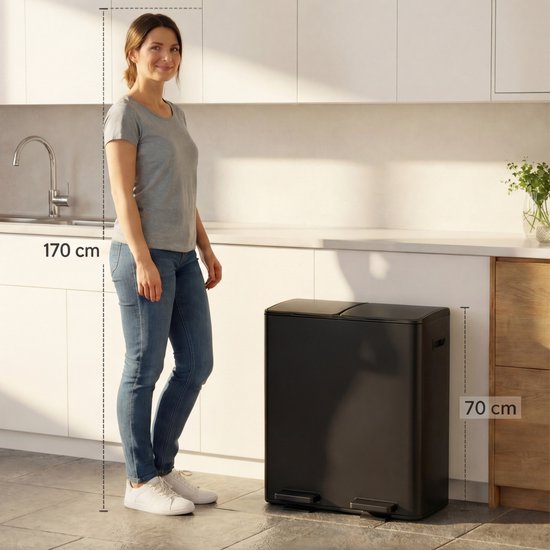 Bayt Poubelle - Poubelle 60 litres (2x30) - Poubelle 60 litres - Poubelle à pédale 60 litres - Poubelle Séparation des déchets - Poubelle 2 compartiments - Poubelle - inox - Noir