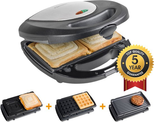 Appareil à croque-monsieur Bestron - ASM8010 - 760 W - 3-en-1 : croque-monsieur, gaufres et grillades - Revêtement antiadhésif - Gris - Garantie 5 ans