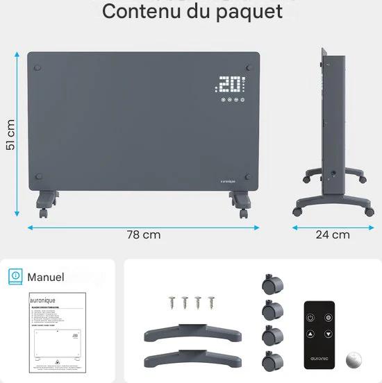 Auronic Radiateur électrique - Radiateur à convection avec thermostat et télécommande - Radiateur à panneau en verre - Radiateur 2000 W - Gris
