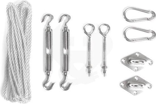 Kit de montage Perel avec 2 tendeurs, 2 boulons à œil, 2 plaques à œil, 2 mousquetons, corde en nylon