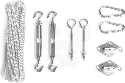 Kit de montage Perel avec 2 tendeurs, 2 boulons à œil, 2 plaques à œil, 2 mousquetons, corde en nylon