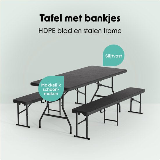 LifeGoods Set de pique-nique pliable - 180cm x 74cm - Table de jardin avec 2 bancs - Résistant aux intempéries - Table de camping - Table à bière pliable - Pour l'intérieur et l'extérieur - Pour 6 à 8 personnes - Rotin Noir