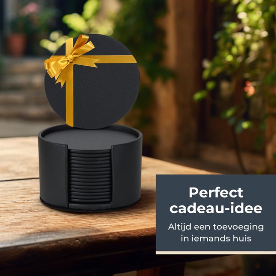 Castagnola Sous-verres en faux cuir - Sous-verres pour verres - Sous-verres design avec support - Sous-verres en cuir - Cuir - Lot de 16 - Noir