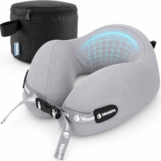 TRAVARA Oreiller cervical « The Airhugger » - Oreiller de voyage - Pour l'avion - Oreiller de voiture - Mousse à mémoire de forme - Combinaison de mousse gonflable et de mousse à mémoire de forme - Gris clair