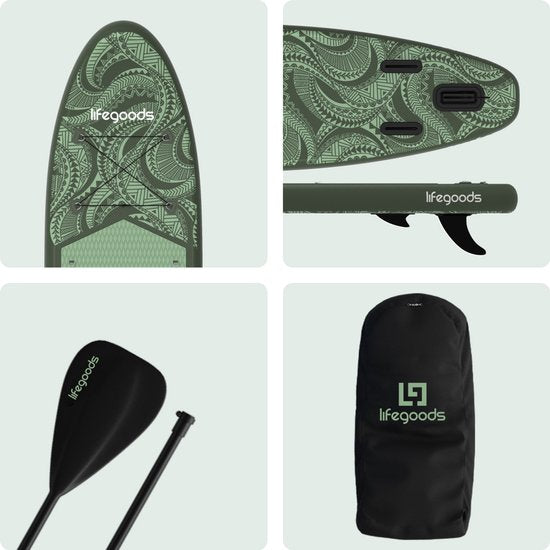 LifeGoods SUP Board All-round Compact - 100 KG Load Capacity - 300 x 76 cm - Inflatable - Complete SUP Package - Green/Leger Green