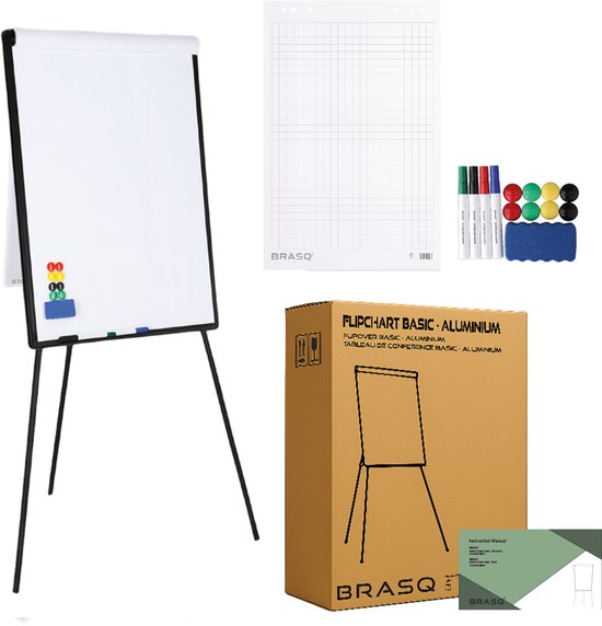 BRASQ Flipchart - 70x100 cm - Tableau blanc ajustable - Comprend 25 feuilles de papier, 4 marqueurs, 8 aimants, une gomme - Tableau magnétique avec crochets - Tableau magnétique - Noir