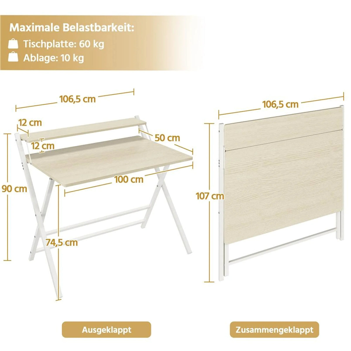 Yaheetech : bureau d'ordinateur pliable avec support d'écran – 106,5 x 60,5 x 90 cm – bois clair