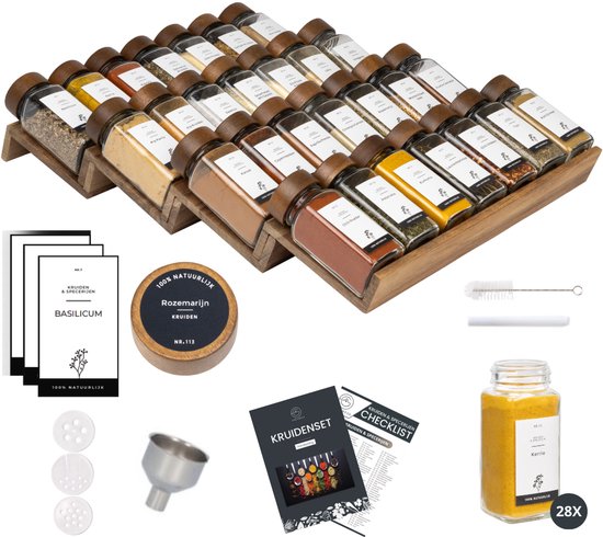 Porte-épices Organess avec 28 pots à épices - Tiroir à épices - Organisateur d'épices - Organisateur de tiroirs de cuisine - Ensemble complet - 4 pièces - Acacia
