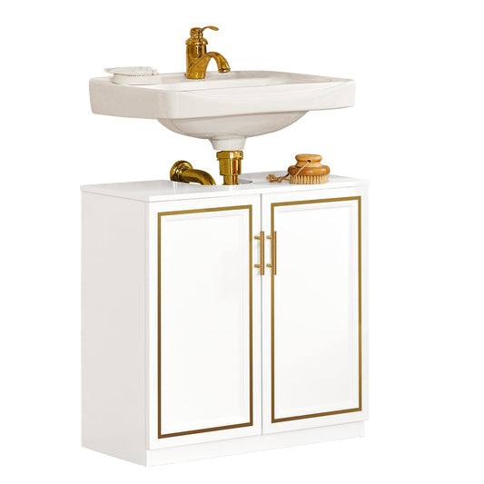 SoBuy - Meuble sous évier 2 portes - 60x30x61 cm - Max 25KG - Poignées métal blanc/doré.
