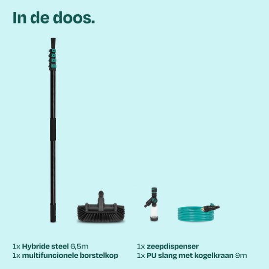 Brosse de lavage télescopique hybride VONROC – Aluminium/carbone 3K – 6,5 m – Avec tête de brosse à 5 pans, tuyau d'arrosage de 9 m et distributeur de savon