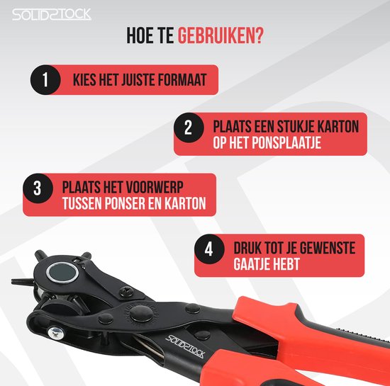 SolidStock Pince à trous pour ceinture - avec bâton de mesure - Pince à perforer - Pince revolver - Pince à trous - Rouge