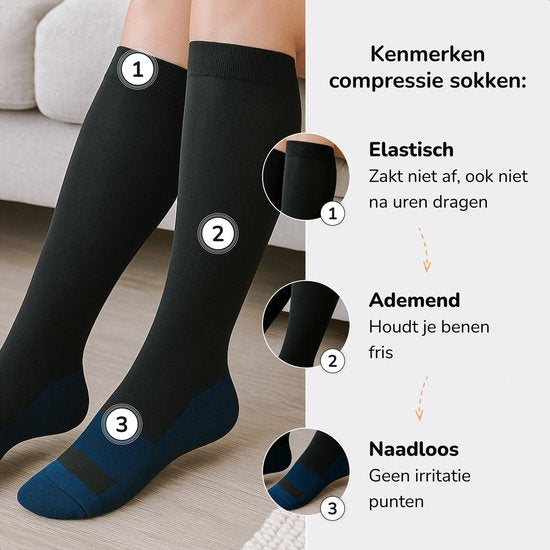 Alyze Bas de compression - 2 paires - Taille 36-41 - Haut - Chaussettes pour hommes et femmes - Médical - Neuropathie - Bas de contention - Diabète - Circulation sanguine, Course à pied, Avion, Lit - Noir