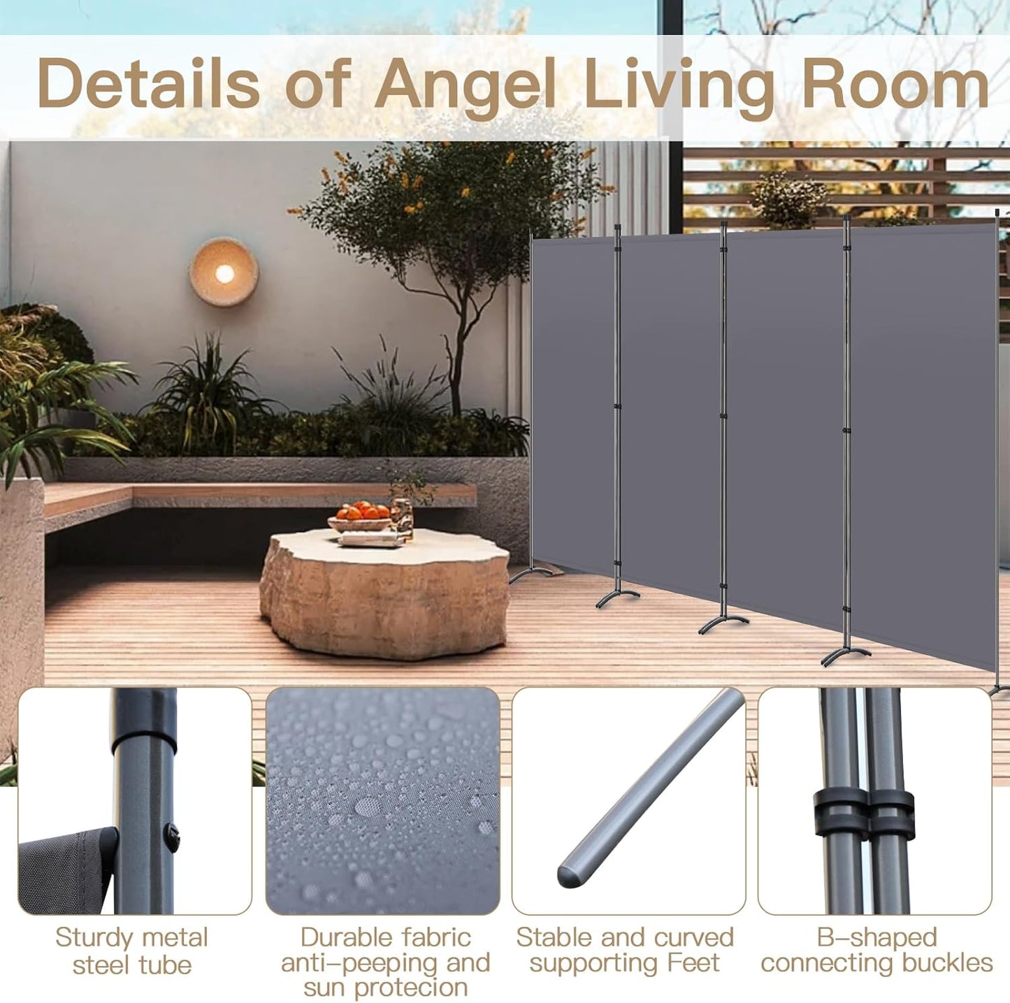 Angel Living Paravent 4 pièces - Cloison pliante 324 x 170 cm - Protection contre l'invisibilité pour l'intérieur et l'extérieur (jardin, salon, chambre à coucher, bureau) - Gris