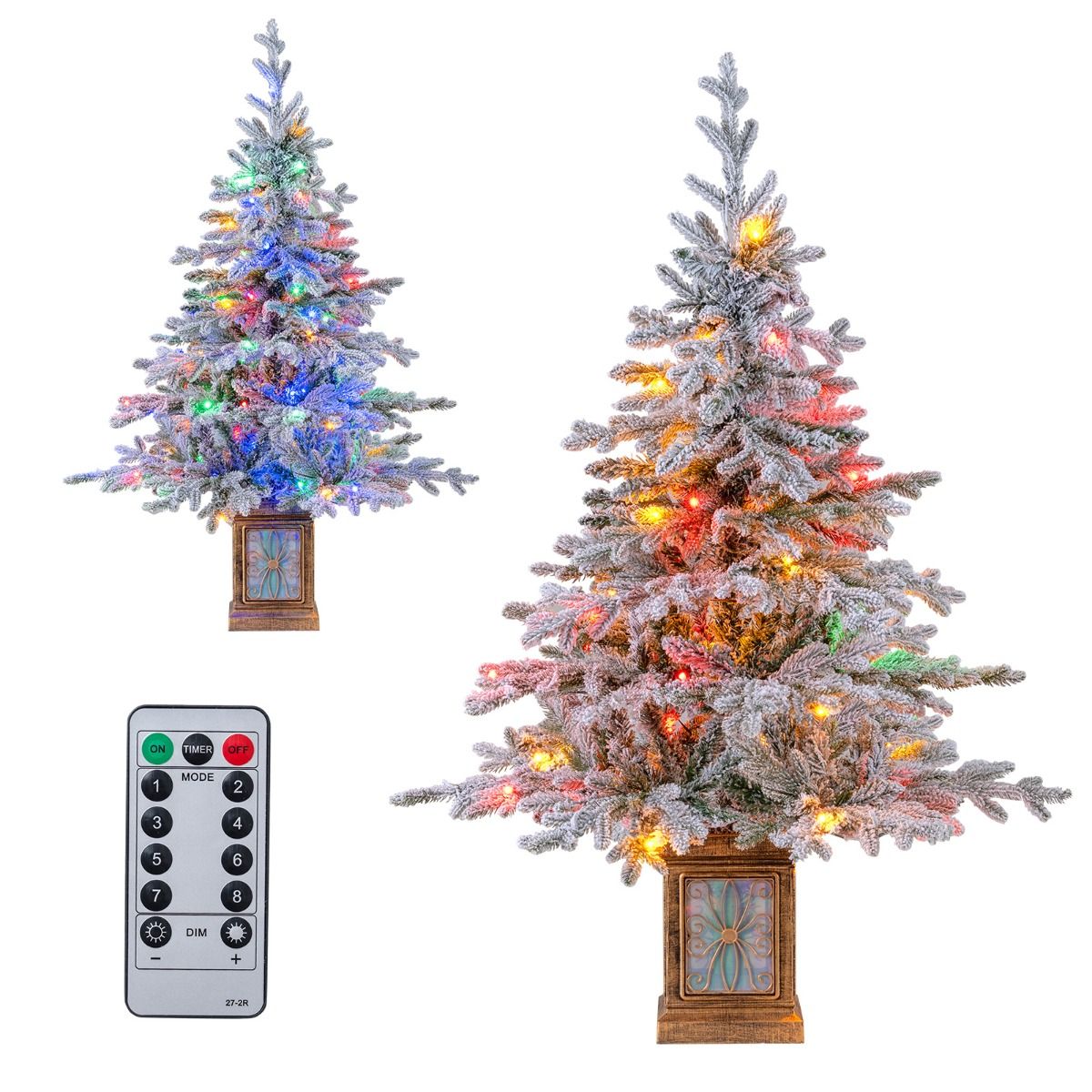 Coast Artificial Christmas Tree 120 cm Green/White - With Snow - 100 LED Multicoloured & Warm White - In Antique Pot