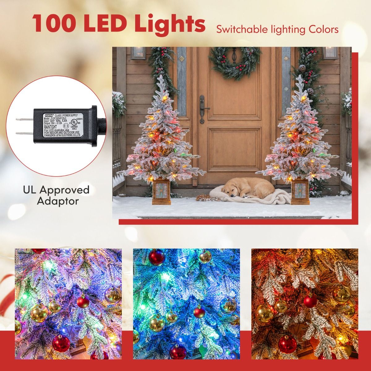 Coast Artificial Christmas Tree 120 cm Green/White - With Snow - 100 LED Multicoloured & Warm White - In Antique Pot